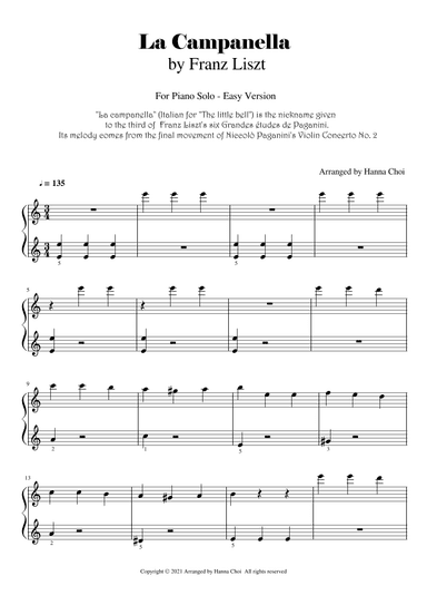 "La Campanella" by F. Liszt - for Piano Solo/ Easy Version (arr. Hanna Choi)