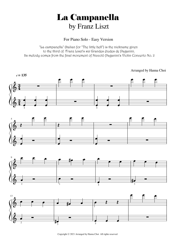 "La Campanella" by F. Liszt - for Piano Solo/ Easy Version (arr. Hanna Choi)