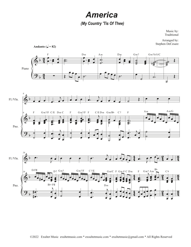America (My Country, 'Tis of Thee) (Flute or Violin solo and Piano) (Easy Version) (arr. Stephen DeCesare)