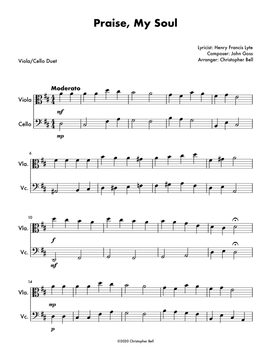 Praise, My Soul - Easy Viola/Cello Duet (arr. Christopher Bell)