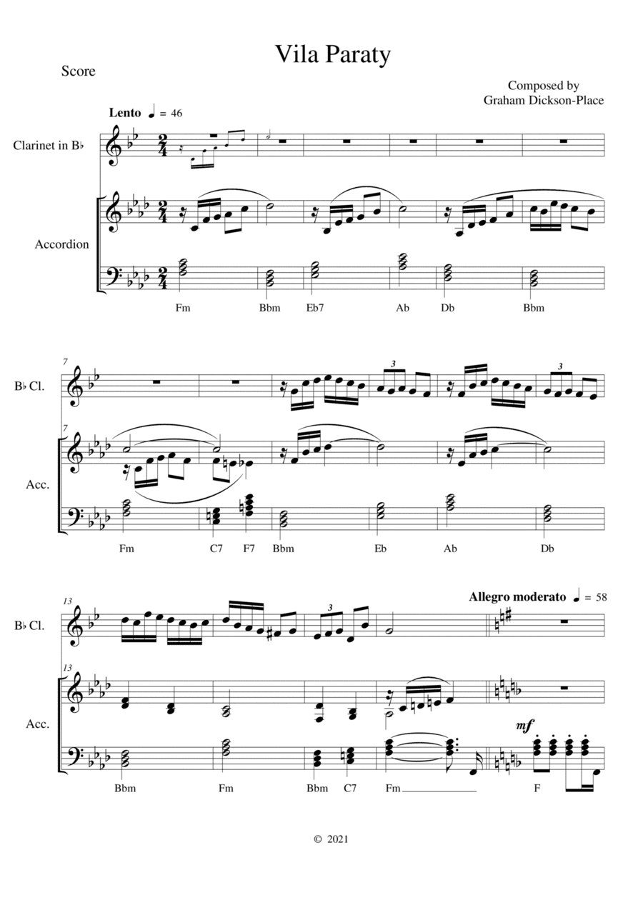 Vila Paraty. An original composition (Tango) for Clarinet Bb and Accordion or Clarinet and Piano by
