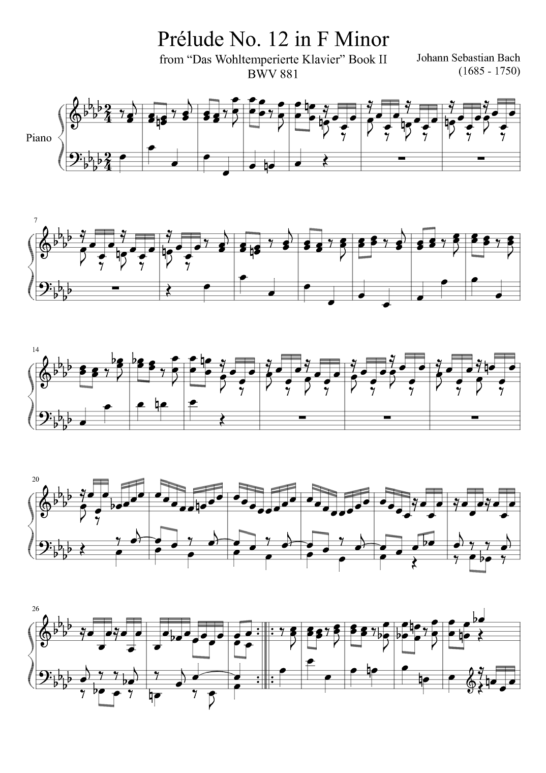 Prelude No. 12 BWV  881 in F Minor (arr. Zachary Corbett)