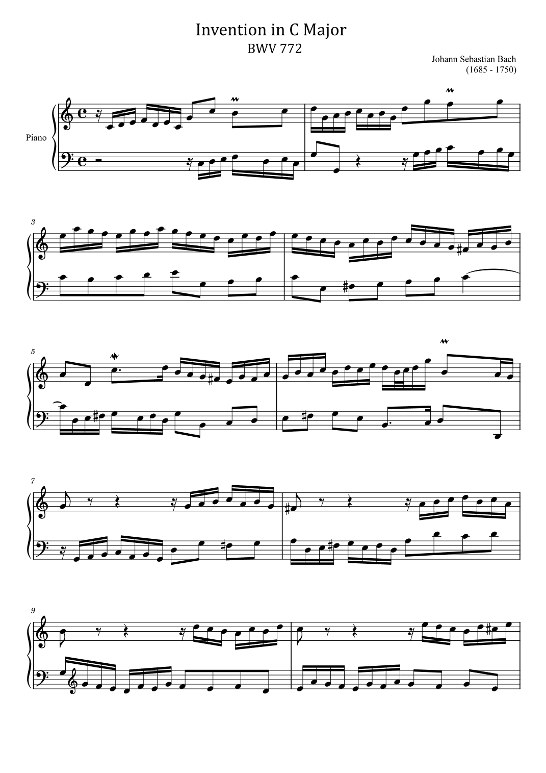 J S Bach - Invention in C Major - BWV 772 - Original For Easy Piano (arr. poon)