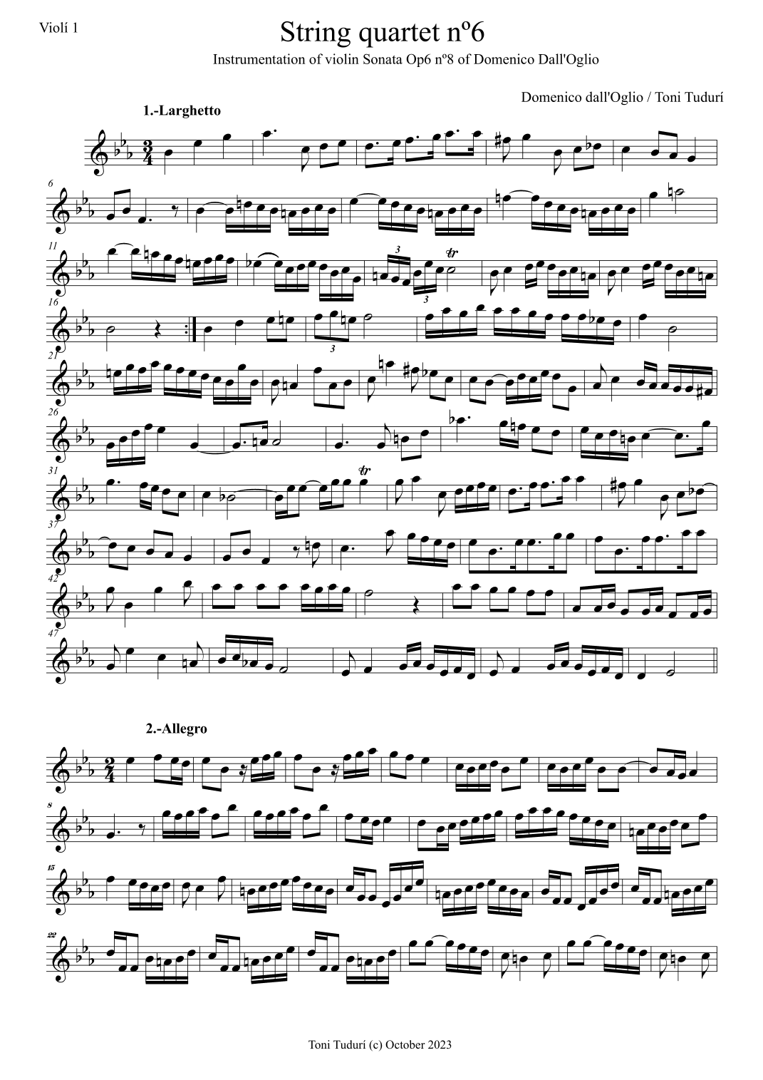 String quartet nº6-Toni Tudurí (instrumentation of Domenico dall'Oglio violin Sonata Op1 nº8 in E b (arr. Toni Tudurí)