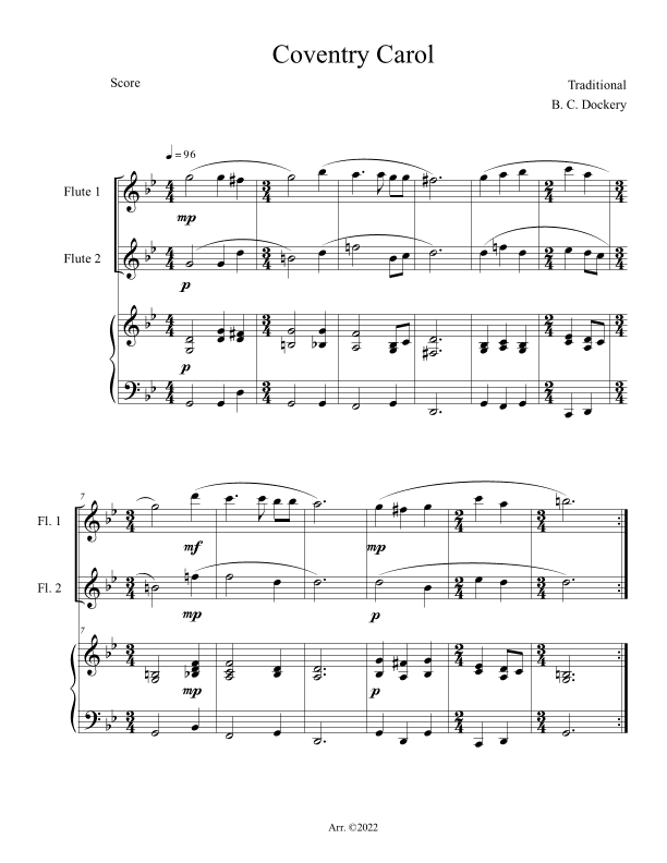 Coventry Carol (Flute Duet with Piano Accompaniment) (arr. B. C. Dockery)