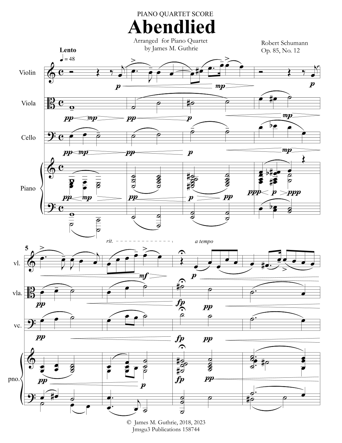 Schumann: Abendlied for Piano Quartet (arr. James M. Guthrie, ASCAP)