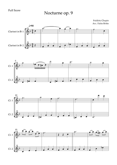 Nocturne Op.9 No. 2 (Frédéric Chopin) for Clarinet in Bb Duo (arr. Fabio Britto)