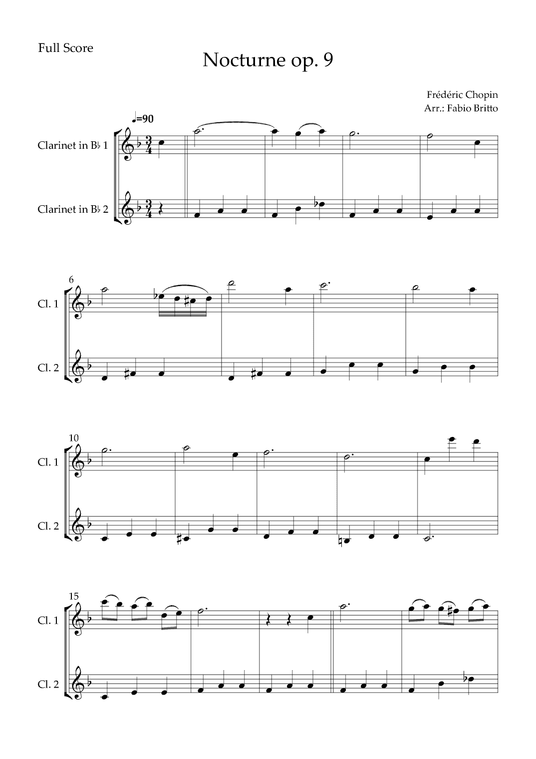Nocturne Op.9 No. 2 (Frédéric Chopin) for Clarinet in Bb Duo (arr. Fabio Britto)