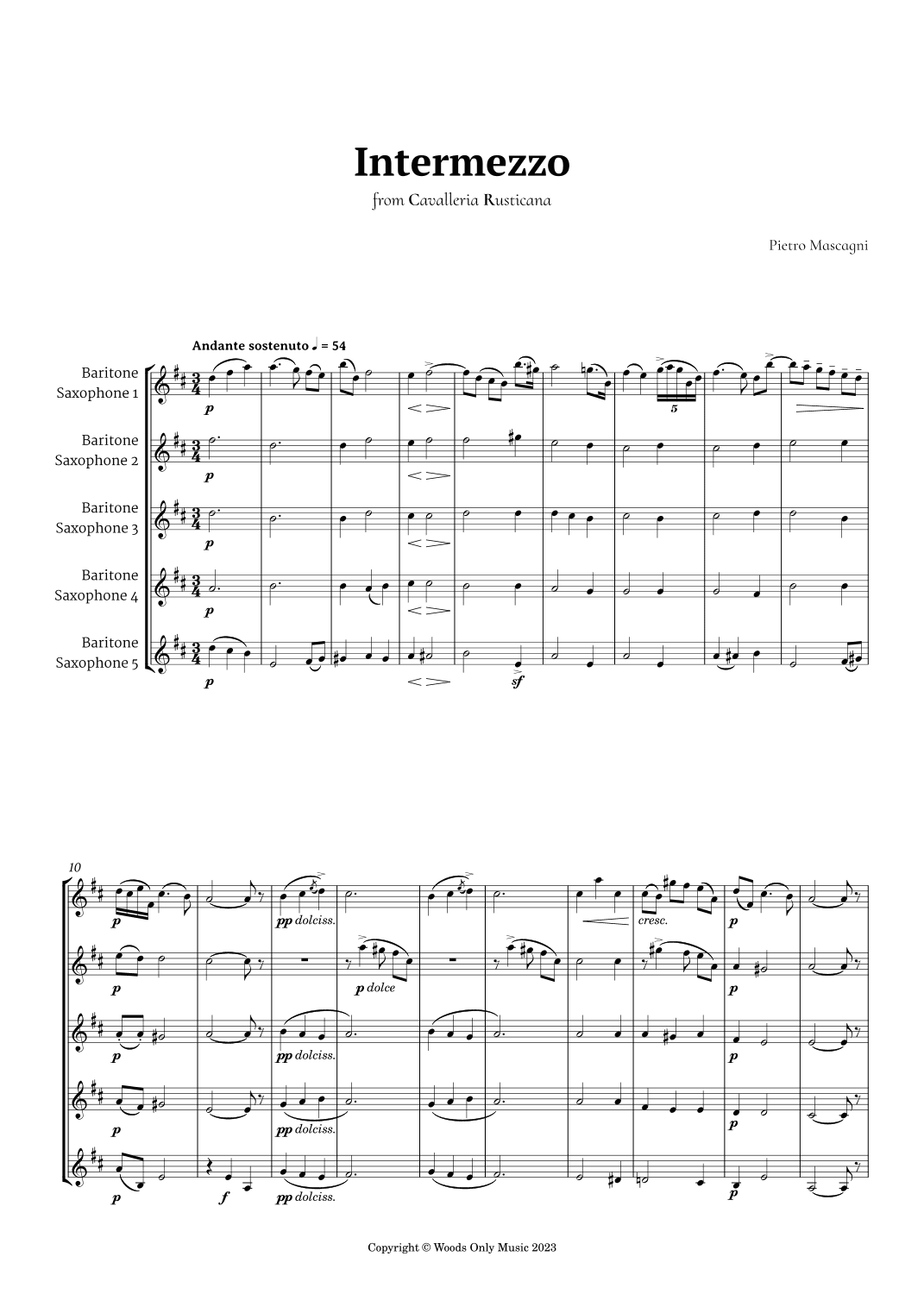 Intermezzo from Cavalleria Rusticana by Mascagni for Baritone Sax Quintet (arr. Ander)