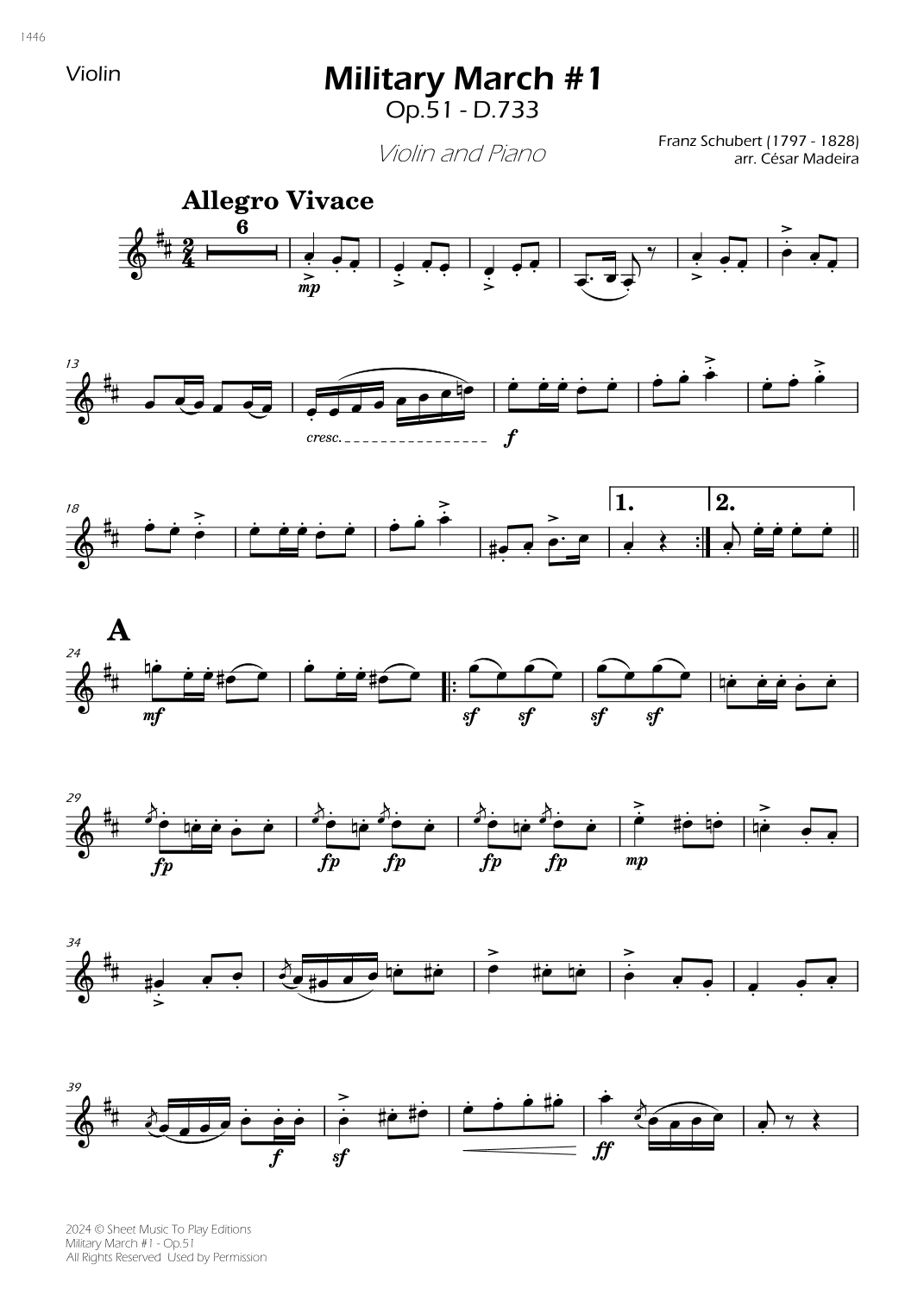 Military March No.1, Op.51 - Violin and Piano (Individual Parts) (arr. César Madeira)