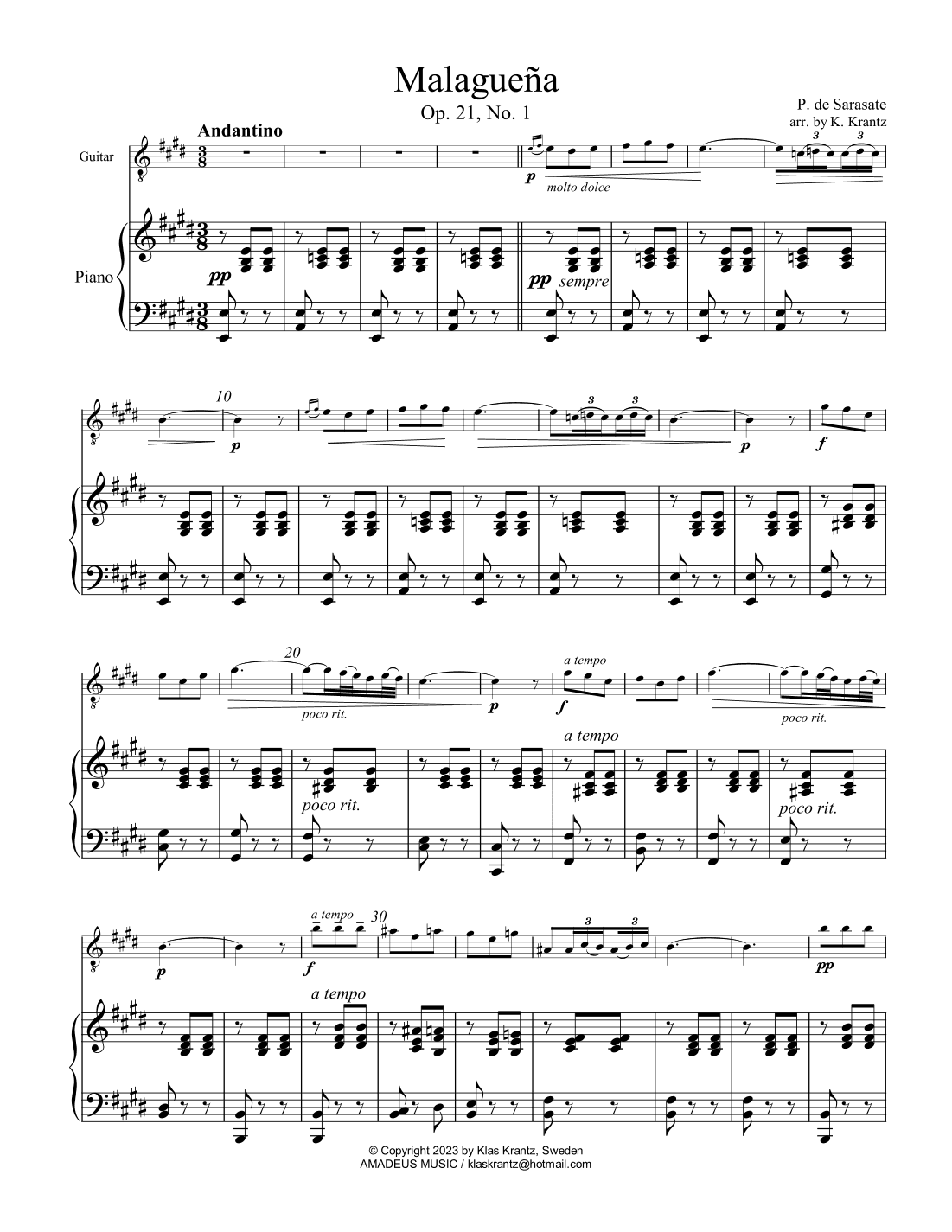 Malaguena Op. 21 No. 1 for guitar and piano (arr. K. Krantz)