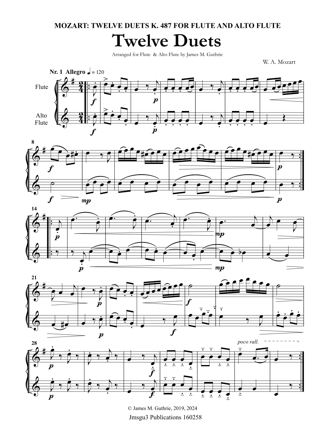 Mozart: Twelve Duets K. 487 for Flute & Alto Flute (arr. James M. Guthrie, ASCAP)