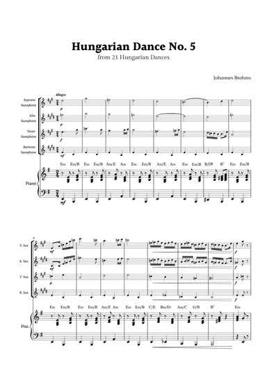 Hungarian Dance No. 5 by Brahms for Sax Ensemble Quartet and Piano (arr. Rika K.)