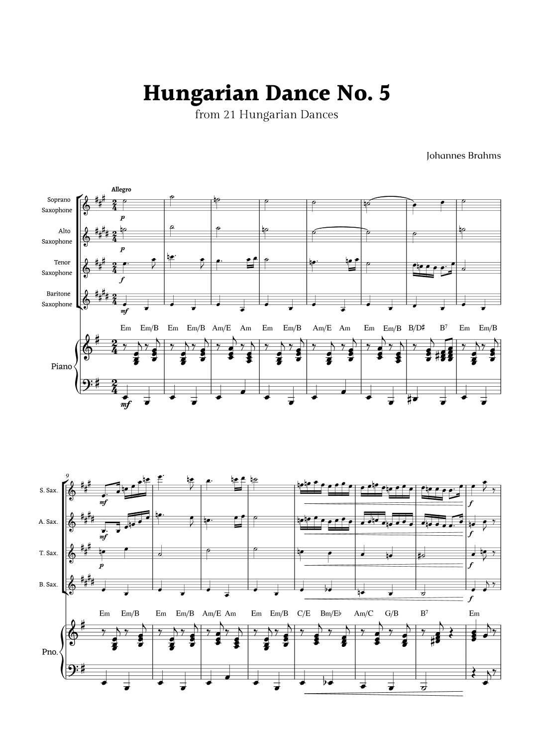 Hungarian Dance No. 5 by Brahms for Sax Ensemble Quartet and Piano (arr. Rika K.)