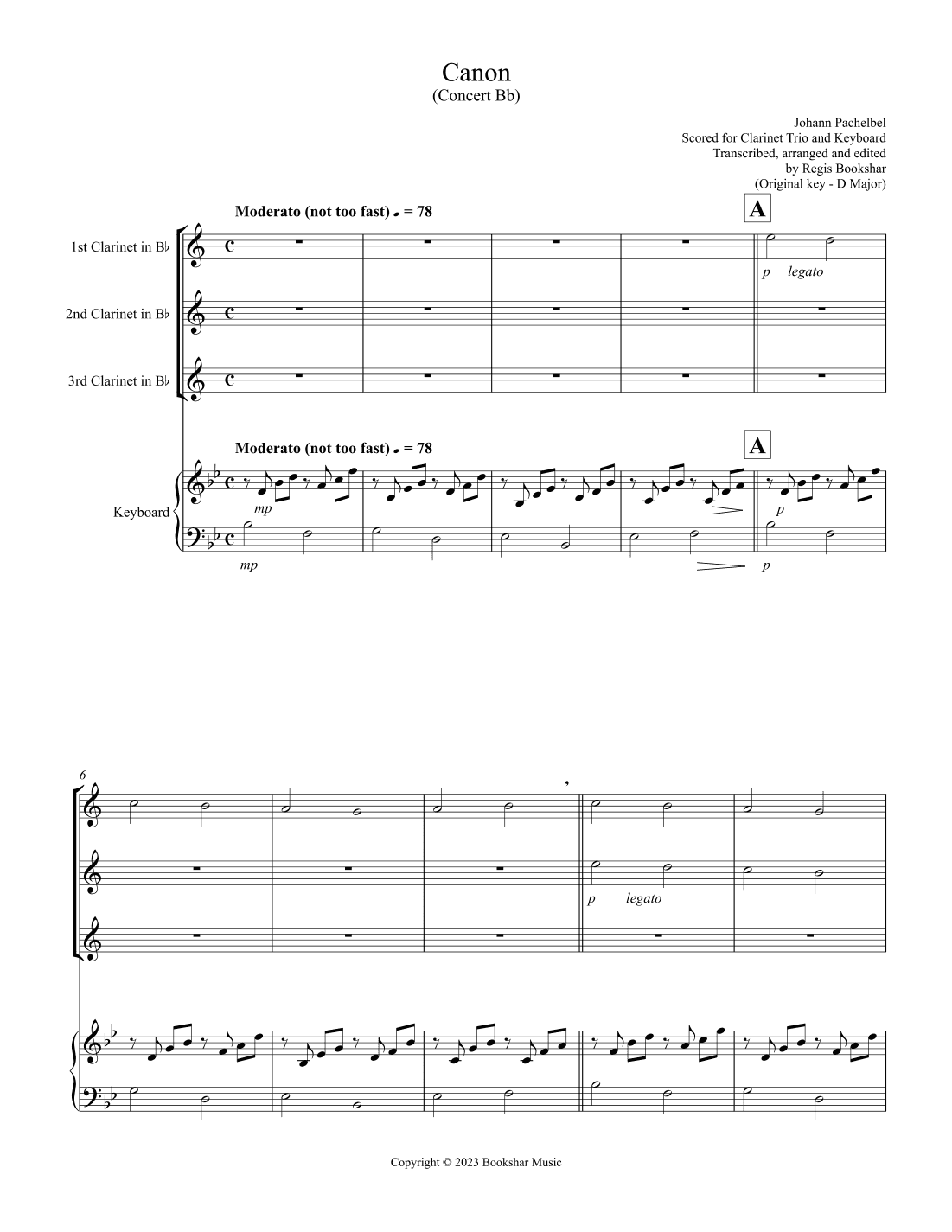 Canon (Pachelbel) (Bb) (Clarinet Trio, Keyboard) (arr. Regis Bookshar)
