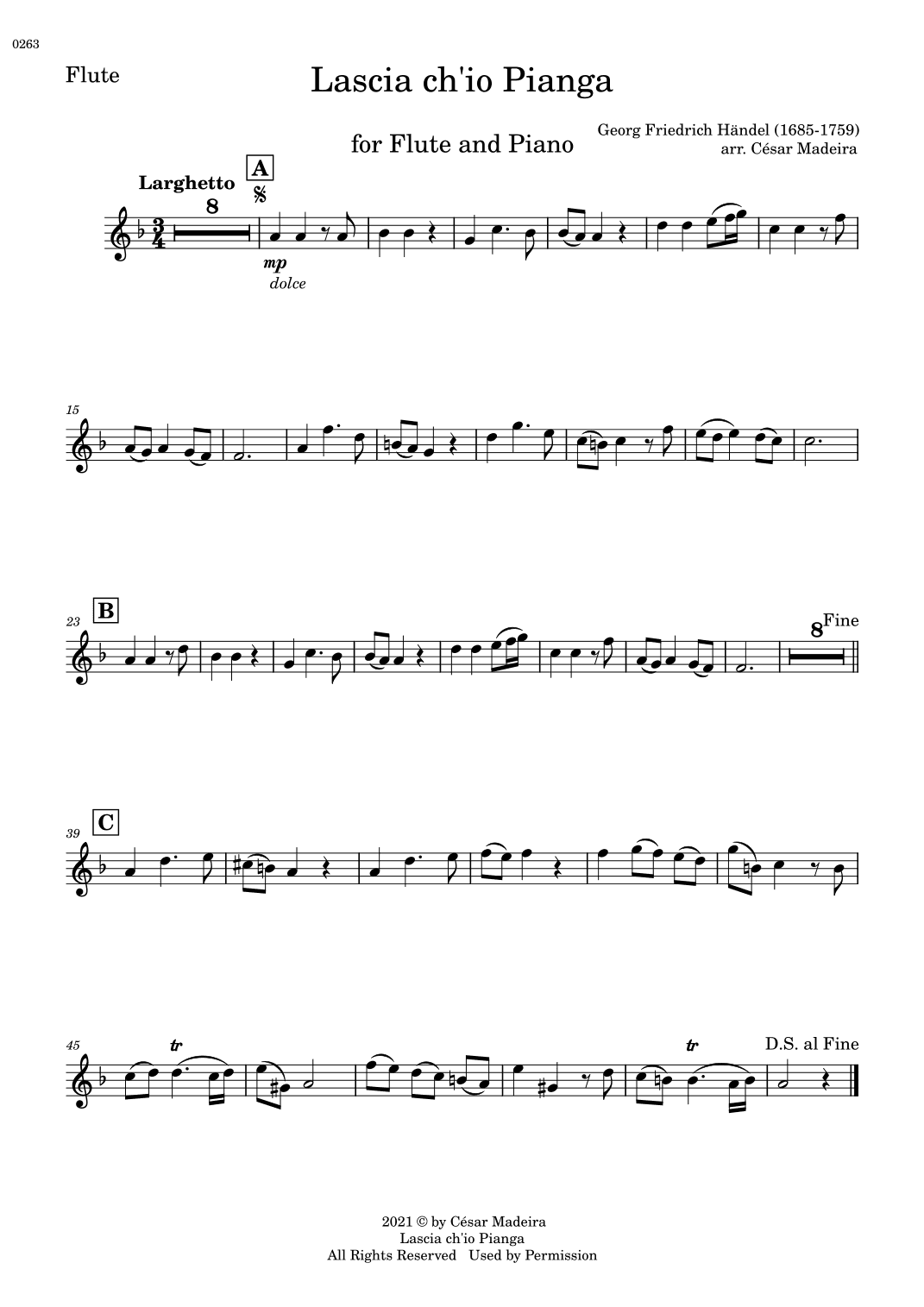 Lascia Ch'io Pianga - Flute and Piano (Individual Parts) (arr. César Madeira)