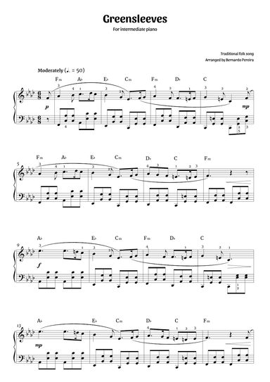 Greensleeves (intermediate piano – F minor) (arr. Bernardo Pereira)