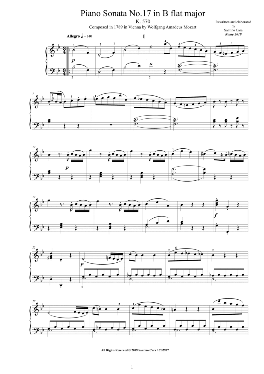 Mozart - Piano Sonata No.17 in B flat major K 570 - Complete score (arr. Santino Cara)