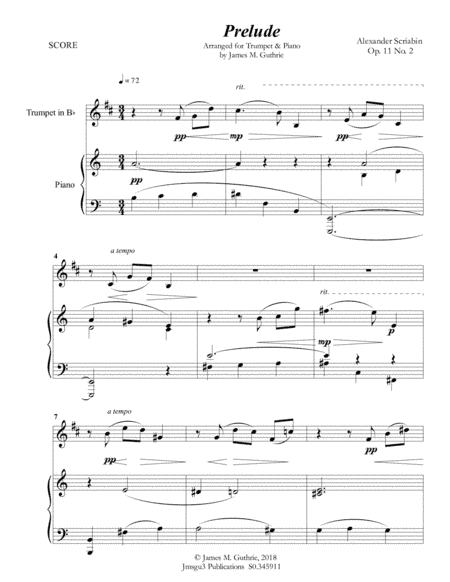 Scriabin: Prelude Op. 11 No. 2 for Trumpet & Piano (arr. James M. Guthrie, ASCAP)