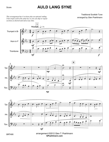 AULD LANG SYNE - BRASS TRIO (unaccompanied) (arr. Glen Poehlmann)