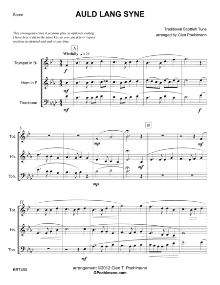 AULD LANG SYNE - BRASS TRIO (unaccompanied) (arr. Glen Poehlmann)