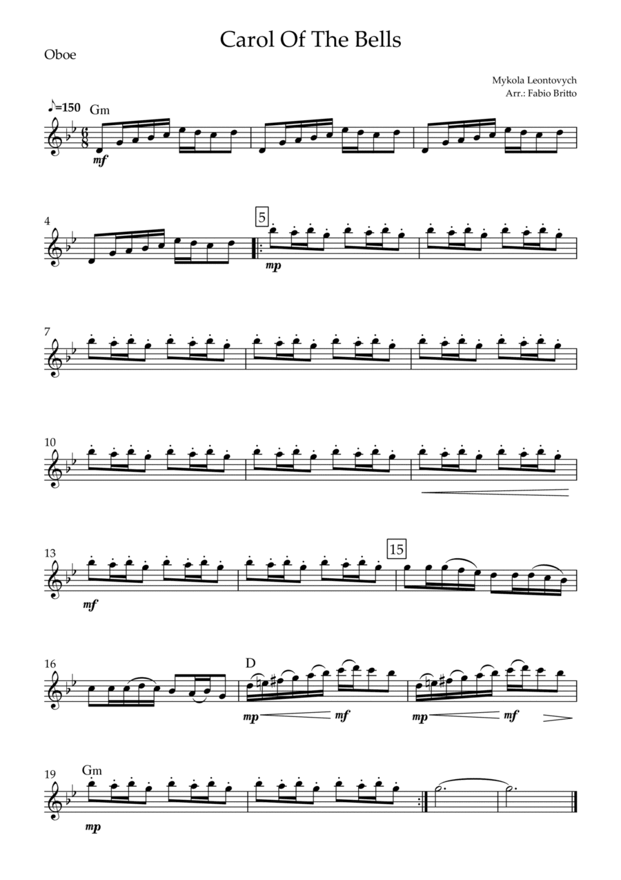 Carol Of The Bells (Mykola Leontovych) for Oboe Solo with Chords (arr. Fabio Britto)