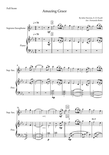 Amazing Grace for Soprano Saxophone Solo and Piano Accompaniment with Chords (arr. Fernando Britto)