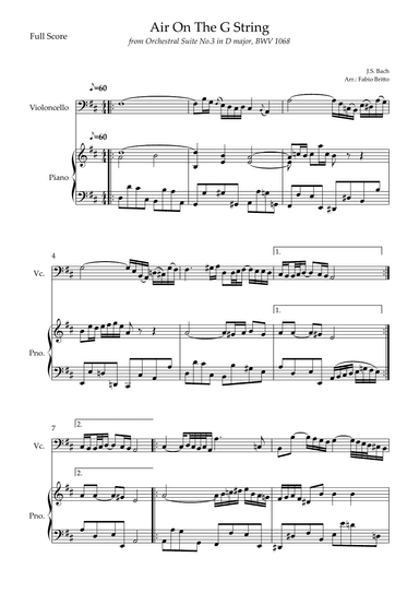 Air On The G String (J.S. Bach) for Cello Solo and Piano Accompaniment (arr. Fabio Britto)