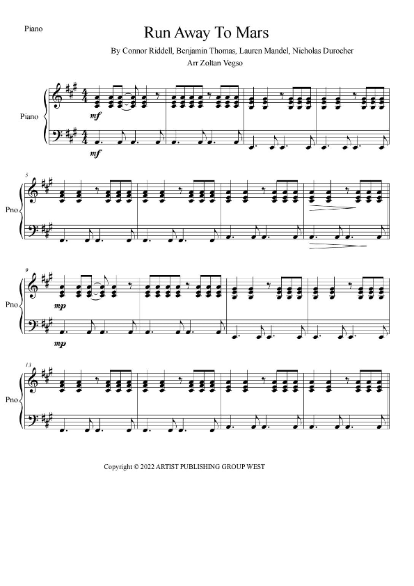 Run Away To Mars (arr. Zoltan Vegso)