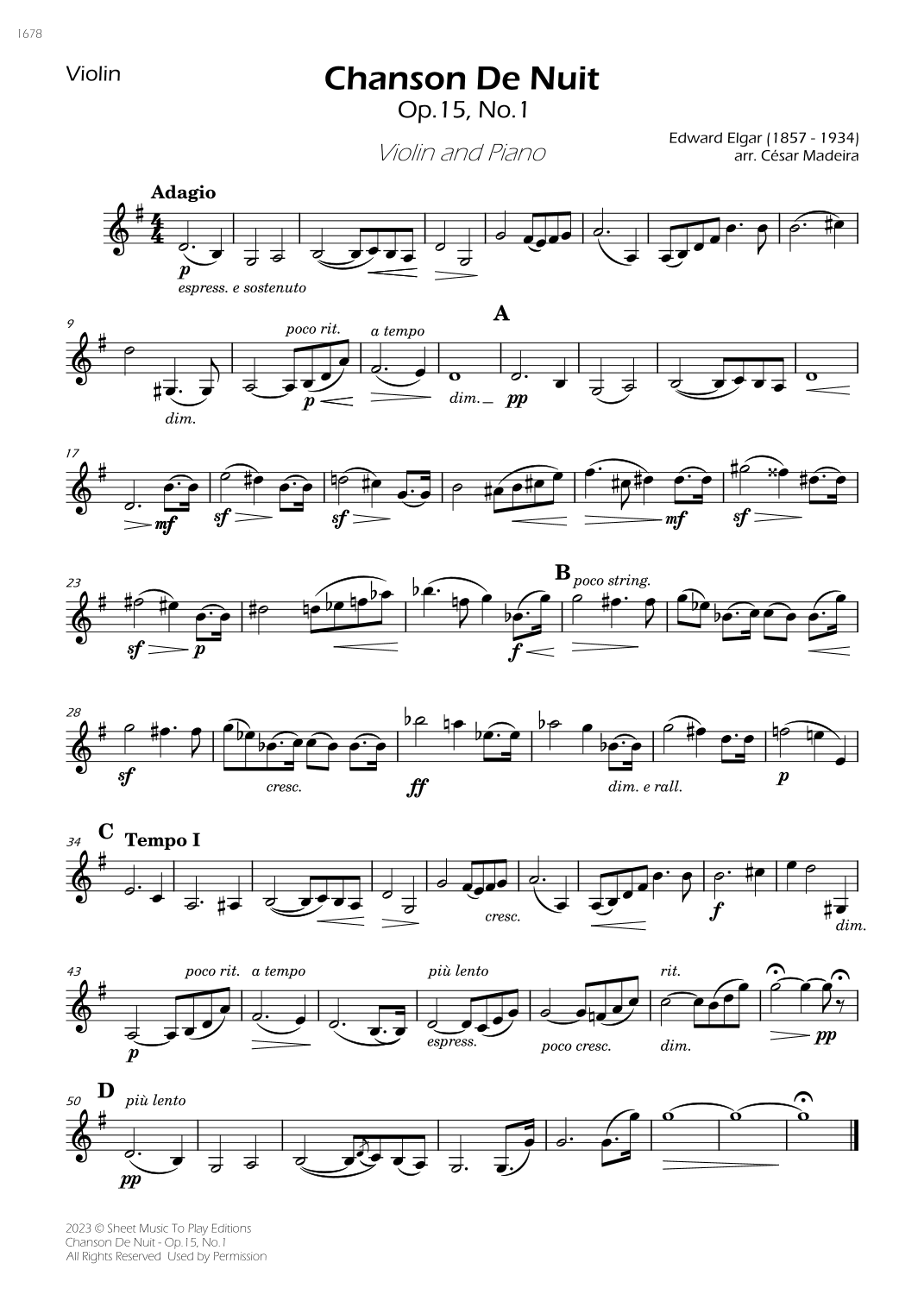Chanson De Nuit, Op.15 No.1 - Violin and Piano (Individual Parts) (arr. César Madeira)