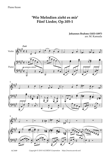 'Wie Melodien zieht es mir (It moves like a melody)' Op.105-1 for Violin & Piano (arr. Kamada, Mikio)