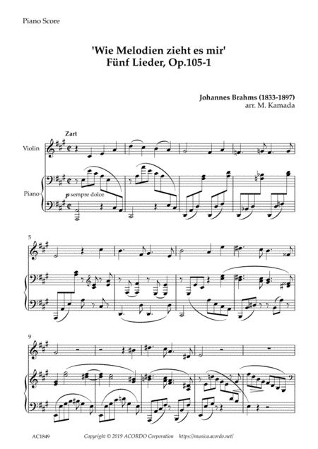 'Wie Melodien zieht es mir (It moves like a melody)' Op.105-1 for Violin & Piano (arr. Kamada, Mikio)