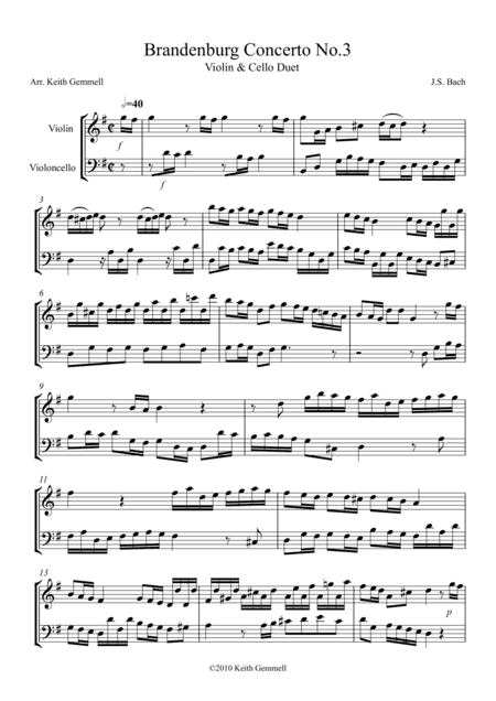 Brandenburg Concerto No. 3: Violin & Cello Duet (arr. Keith Gemmell)