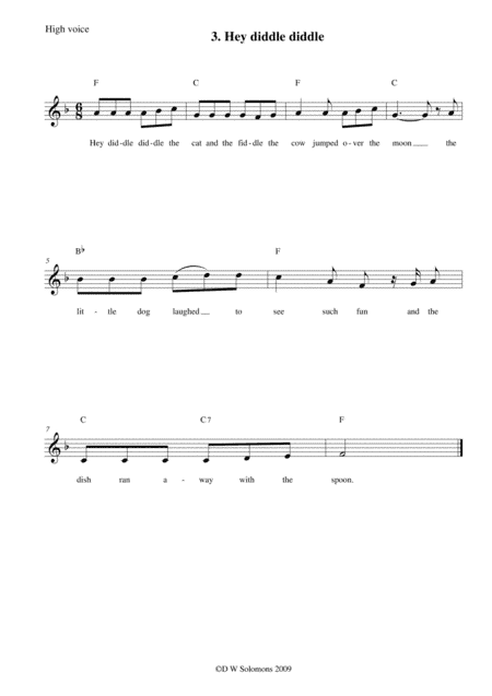 Hey diddle diddle arranged for high voice, medium voice or low voice with guitar chords (arr. David Warin Solomons)