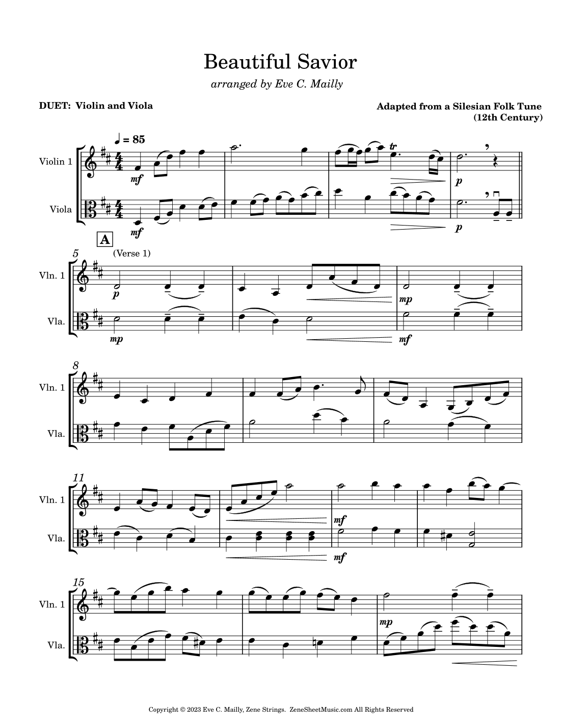 Beautiful Savior (Fairest Lord Jesus) - Violin & Viola Duet (arr. Eve C. Mailly - Zene Strings)