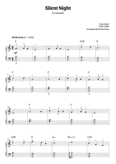 Silent Night (easy piano in C major - with chords) (arr. Bernardo Pereira)