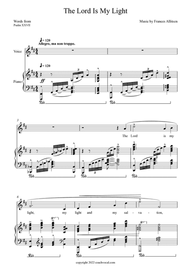 The Lord Is My Light (in D), medium high voice, Music by Frances Allitsen, Words from psalm 27 (arr. coachvocal.com)