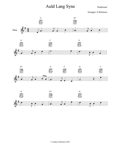 Auld Lang Syne for Easy Oboe with Guitar Chords (arr. Andrew Pattinson)