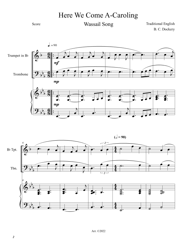 Here We Come A-Caroling (Trumpet and Trombone Duet with Piano Accompaniment) (arr. B. C. Dockery)