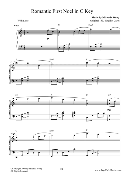Romantic First Noel in C Key - Touching Version (arr. Miranda Wong)