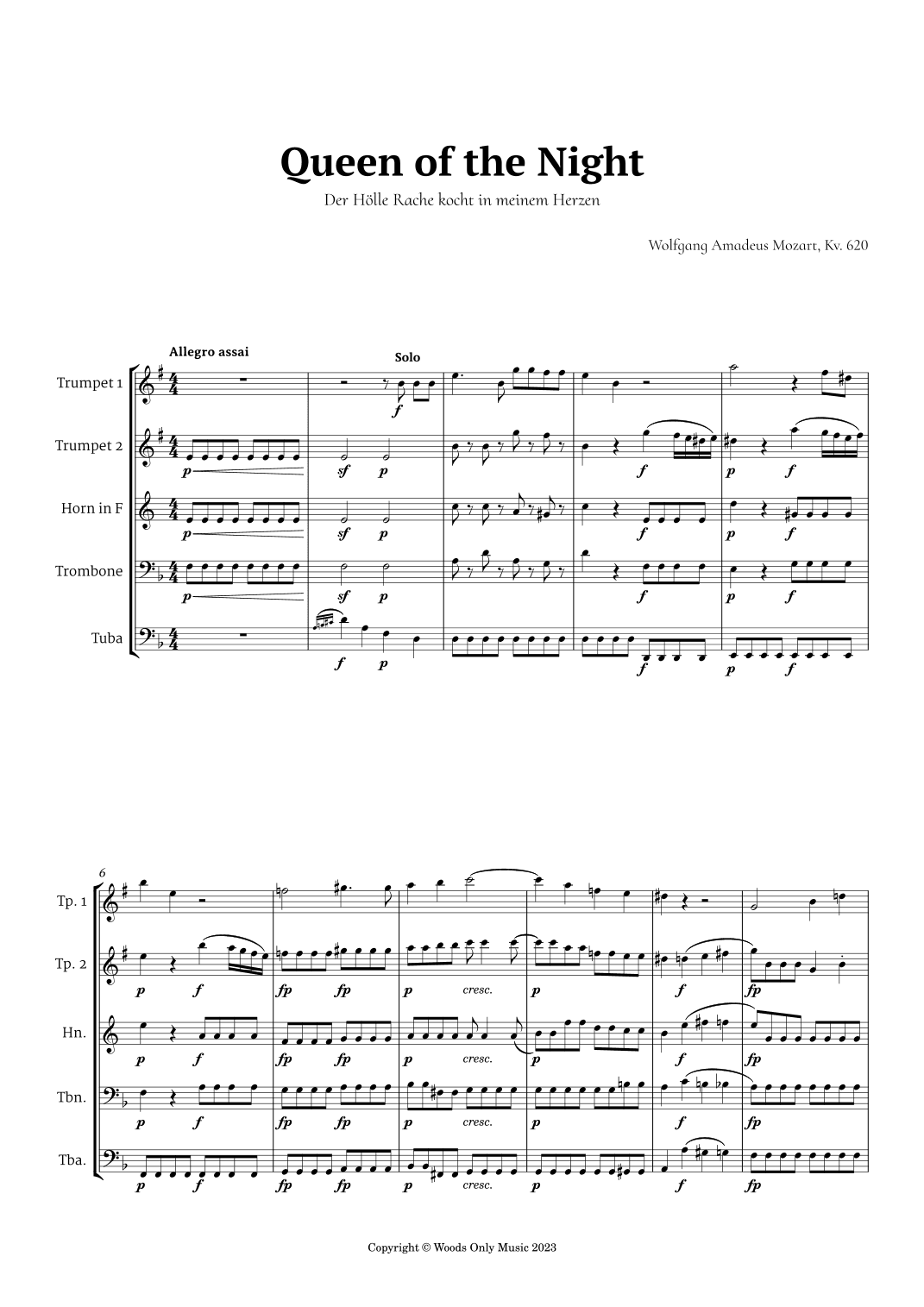 Queen of the Night Aria by Mozart for Brass Quintet (arr. Ander)
