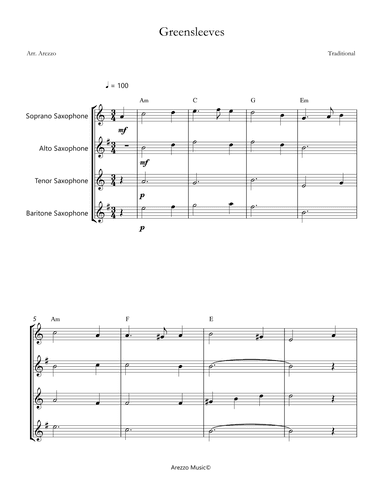 greensleeves saxophone quartet sheet music with chord symbols (arr. Arezzo Music)