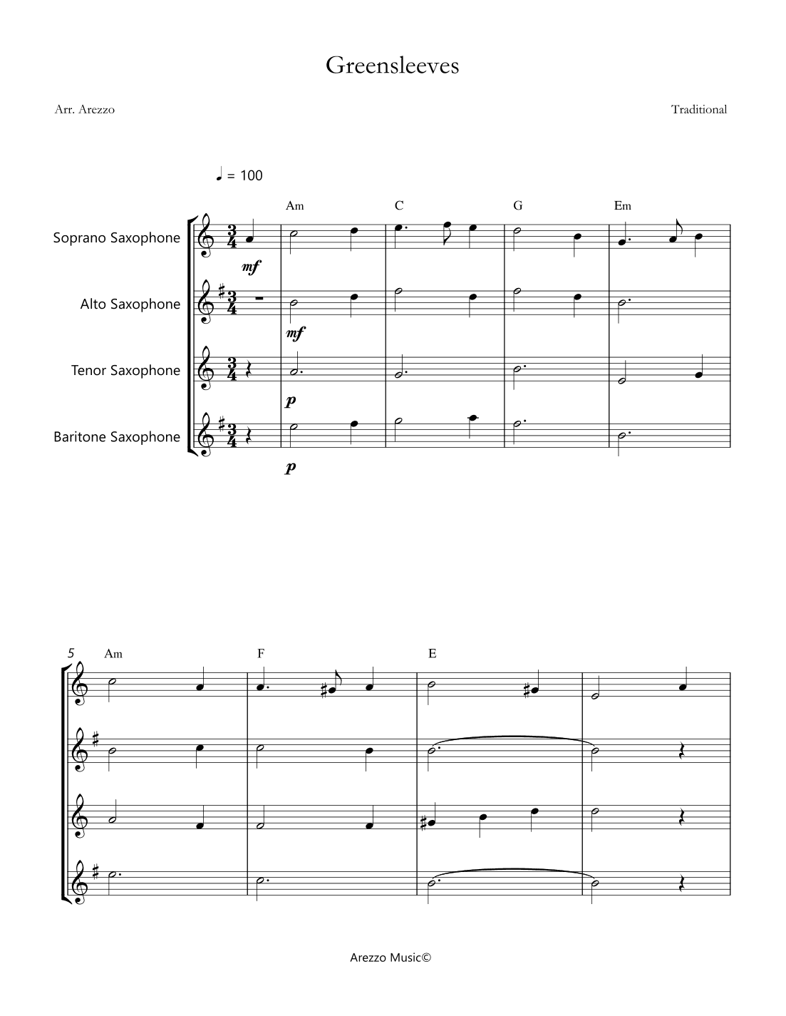 greensleeves saxophone quartet sheet music with chord symbols (arr. Arezzo Music)