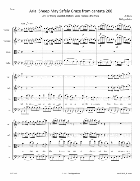Bach: : "Sheep May Safely Graze" from Cantata 208 arr. for String Quartet. Option - Replace the Viol (arr. D Oppenheim)