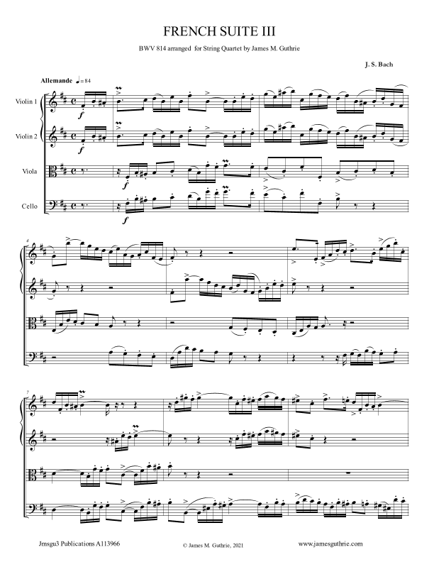 BACH: French Suite No. 3 BWV 814 for String Quartet (arr. James M. Guthrie)