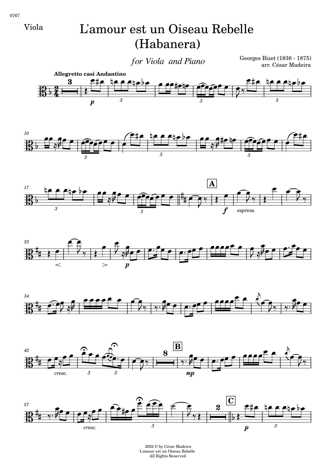 Habanera from Carmen by Bizet - Viola and Piano (Individual Parts) (arr. César Madeira)