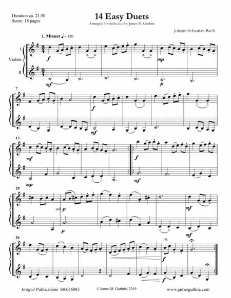 Bach: 14 Easy Duets for Violin Duo (arr. James M. Guthrie, ASCAP)