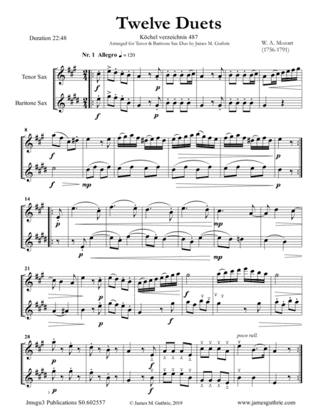 Mozart: 12 Duets K. 487 for Tenor & Baritone Sax Duo (arr. James M. Guthrie, ASCAP)