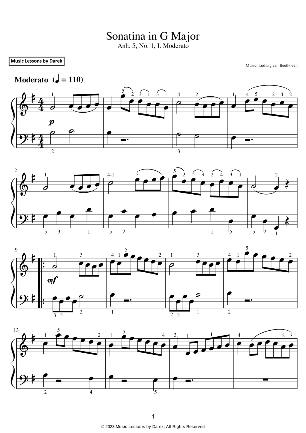 Sonatina in G Major (EASY PIANO) Anh. 5, No. 1, I. Moderato [Ludwig van Beethoven] (arr. Darek)