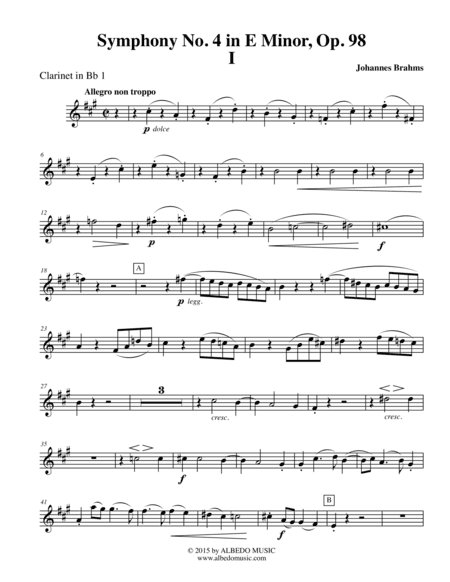 Brahms Symphony No. 4, Movement I - Clarinet in Bb 1 (Transposed Part), Op. 98 (arr. Doug Clyde)
